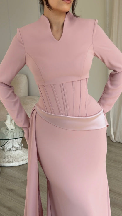 Corset Waist Long Sleeve Gown with Side Drape