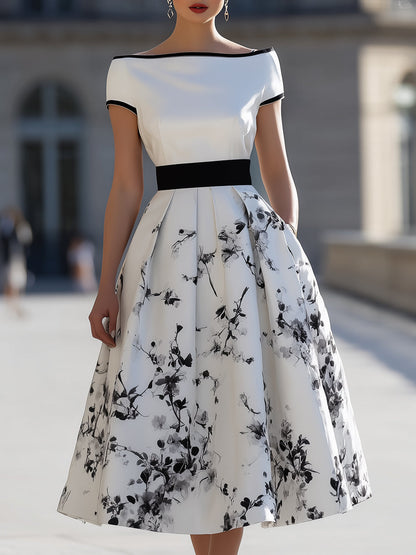 Off-the-Shoulder Floral Tea-Length Dress