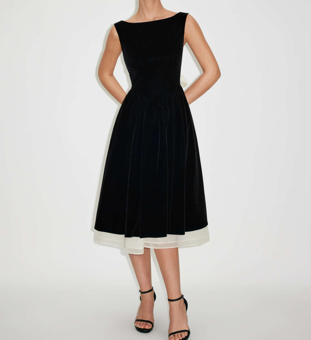 Velvet Bateau Midi Dress with Contrast Hem