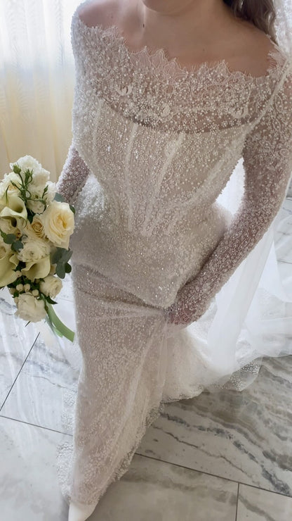Off-the-Shoulder Pearl Beaded Corset Wedding Dress