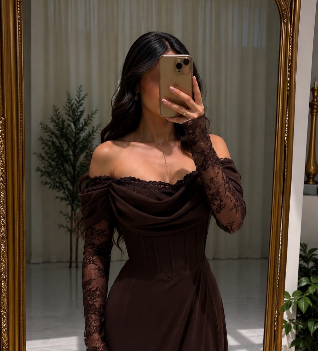 Corset Evening Gown with Lace Sleeves