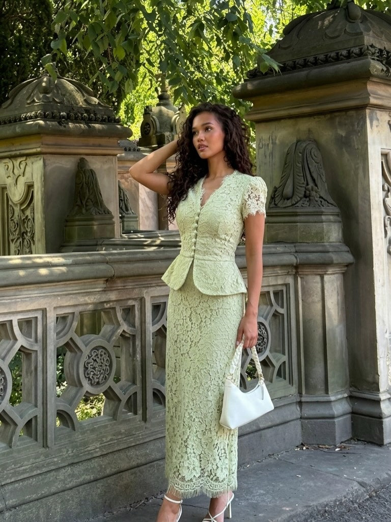 Lace Peplum Midi Dress with Puff Sleeves