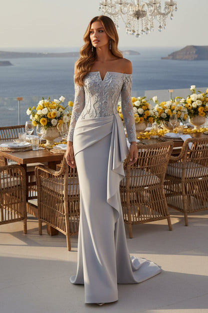 Off-the-Shoulder Lace Bodice Draped Mermaid Gown