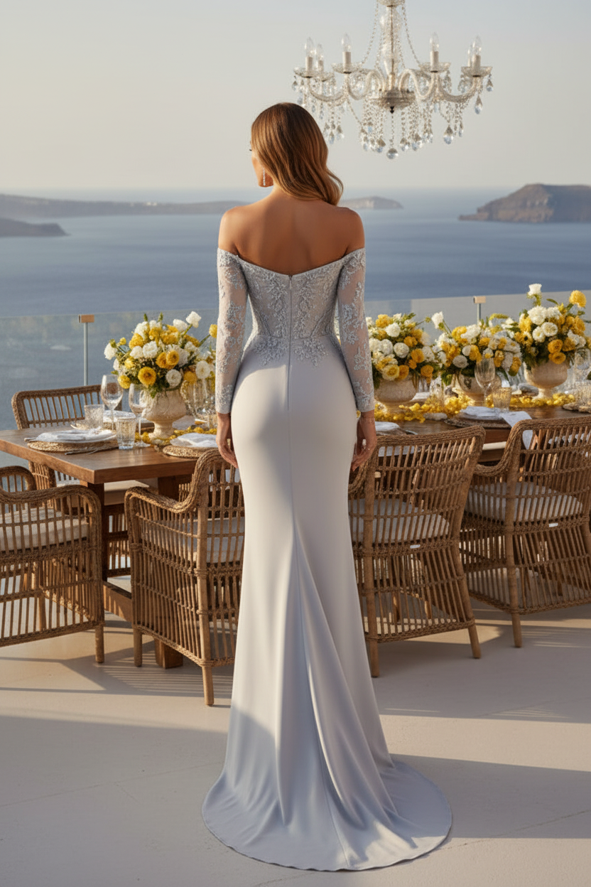 Off-the-Shoulder Lace Bodice Draped Mermaid Gown