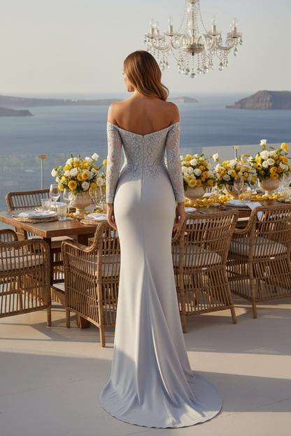 Off-the-Shoulder Lace Bodice Draped Mermaid Gown