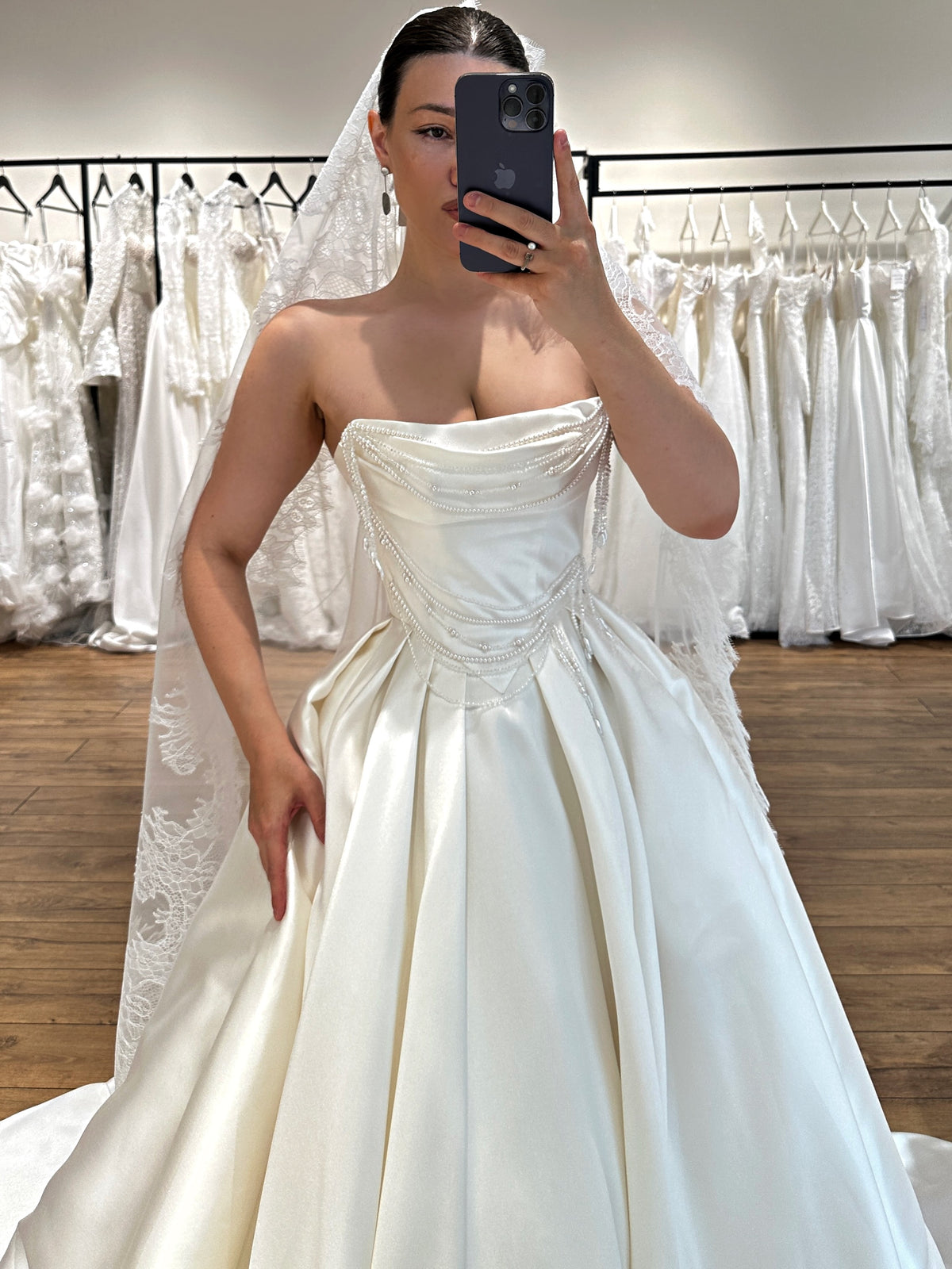 Strapless Pearl-Beaded Satin Ball Gown Wedding Dress
