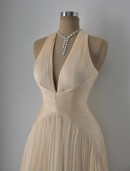 Pleated Halter Deep V Chiffon Gown