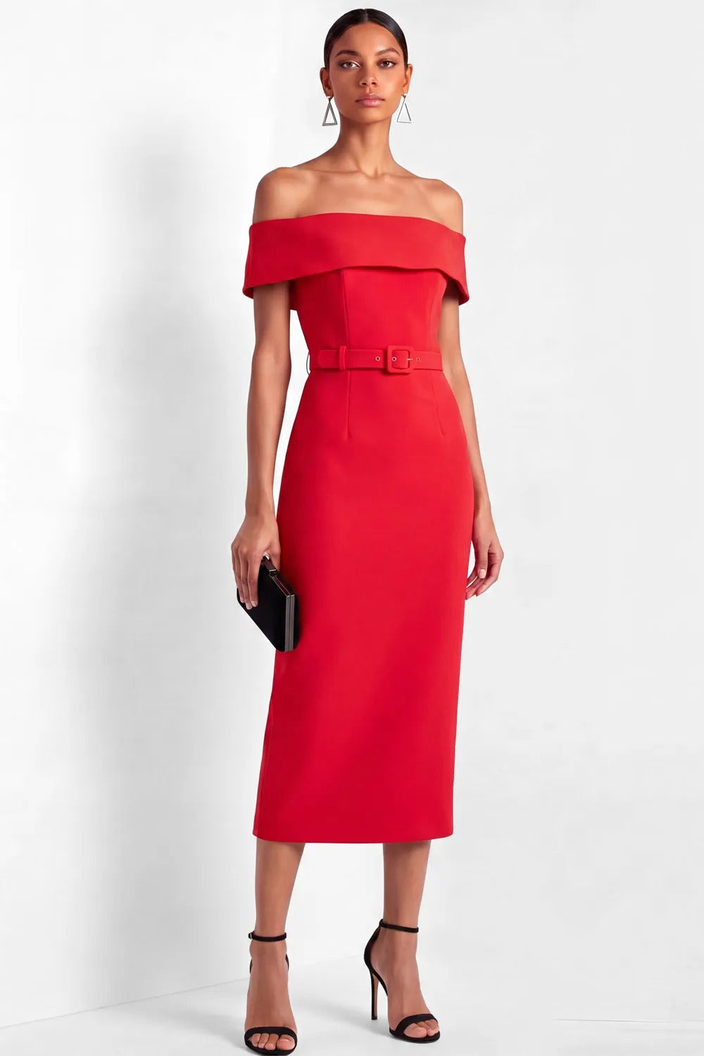 Off-the-Shoulder Belted Midi Sheath Dress