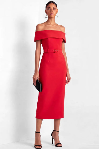 Off-the-Shoulder Belted Midi Sheath Dress