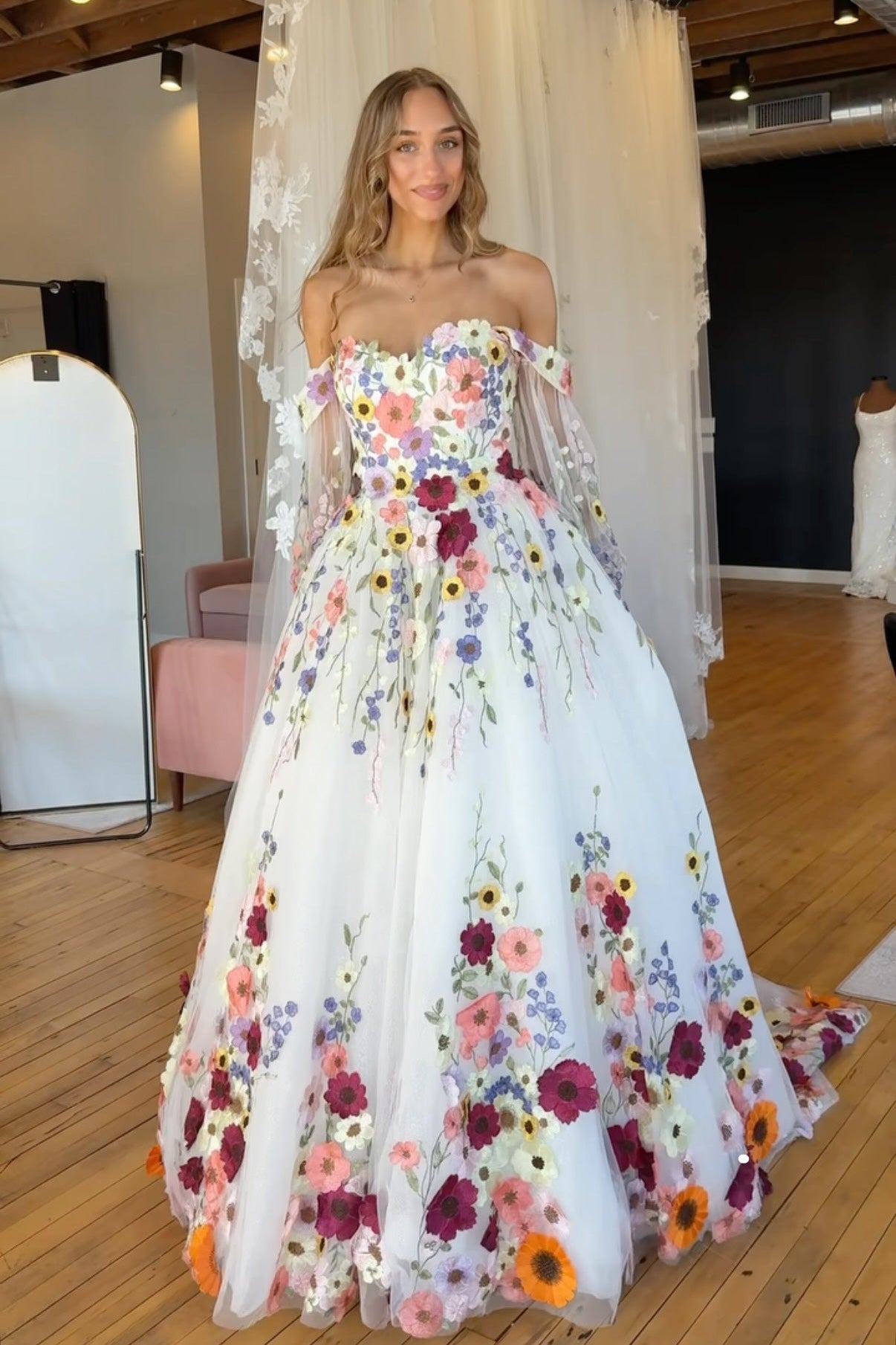 Floral Applique Off-Shoulder Ball Gown