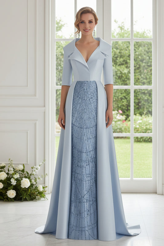 Dusty Blue Mermaid Overskirt Evening Gown with Sequin Skirt & 3/4 Sleeves