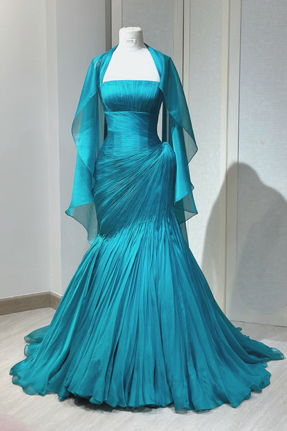 Pleated Mermaid Evening Gown with Halter Capelet