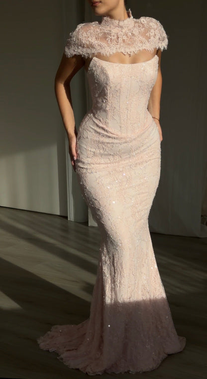 Lace Sequin Mermaid Gown with Corset & Mock Cape