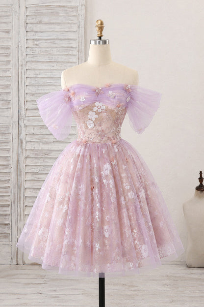 Off-the-Shoulder 3D Floral Tulle Short Prom Dress