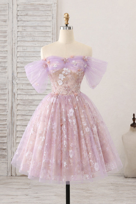 Off-the-Shoulder 3D Floral Tulle Short Prom Dress