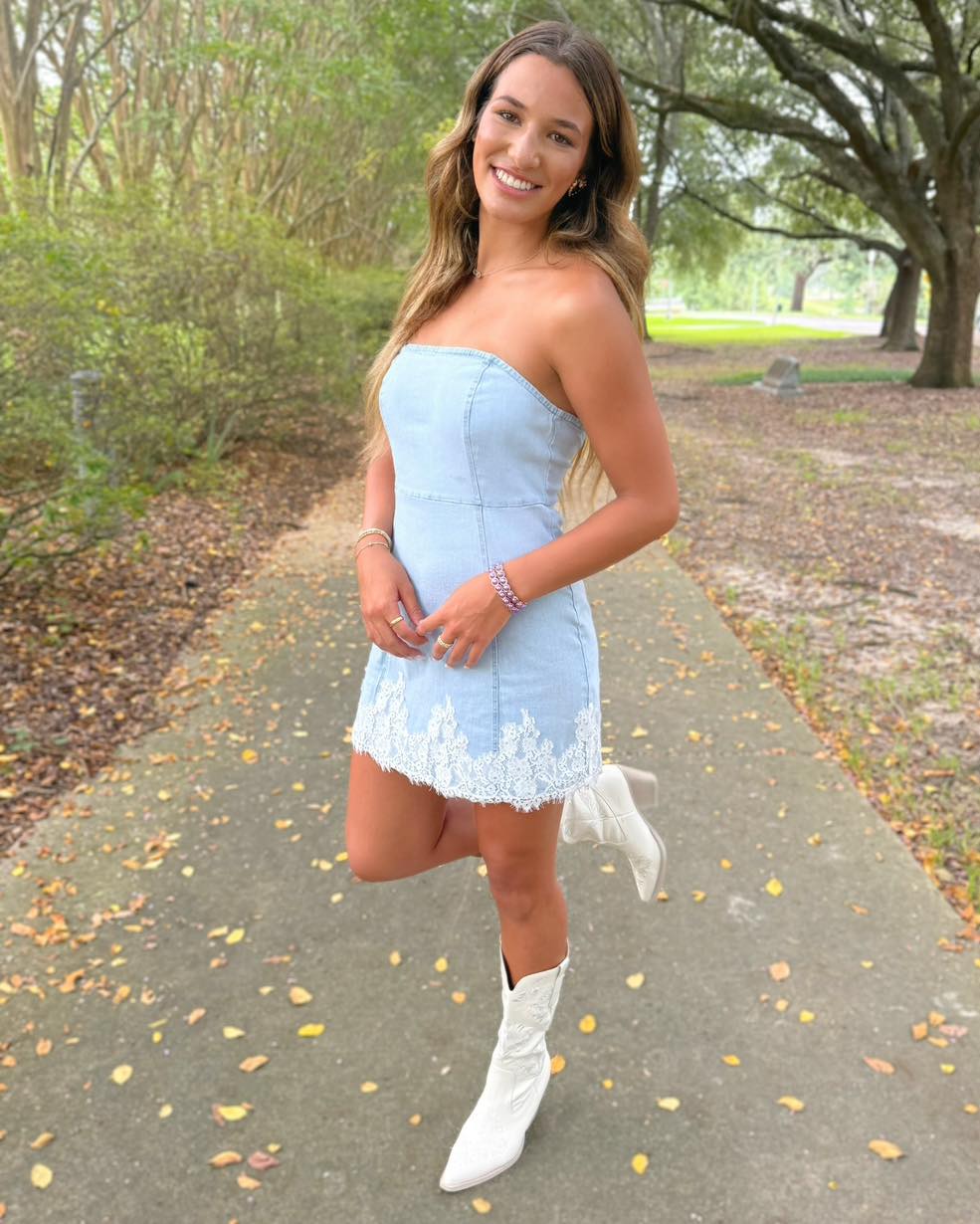 Strapless Denim Mini Dress with Lace Trim Hem