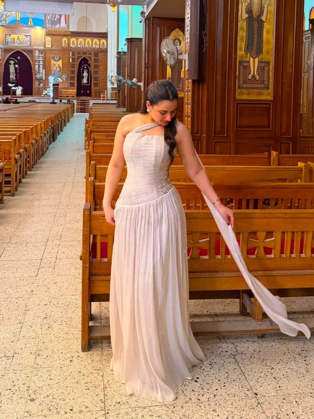 One-Shoulder Pleated Gown with Shoulder Drape