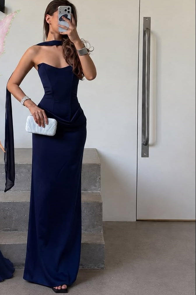Strapless Column Gown with Draped Waist & Scarf