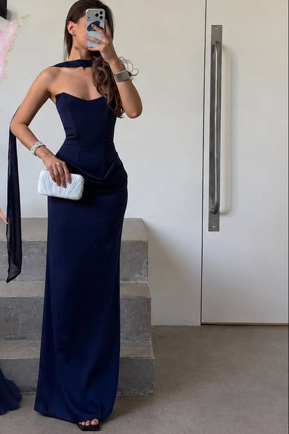Strapless Column Gown with Draped Waist & Scarf