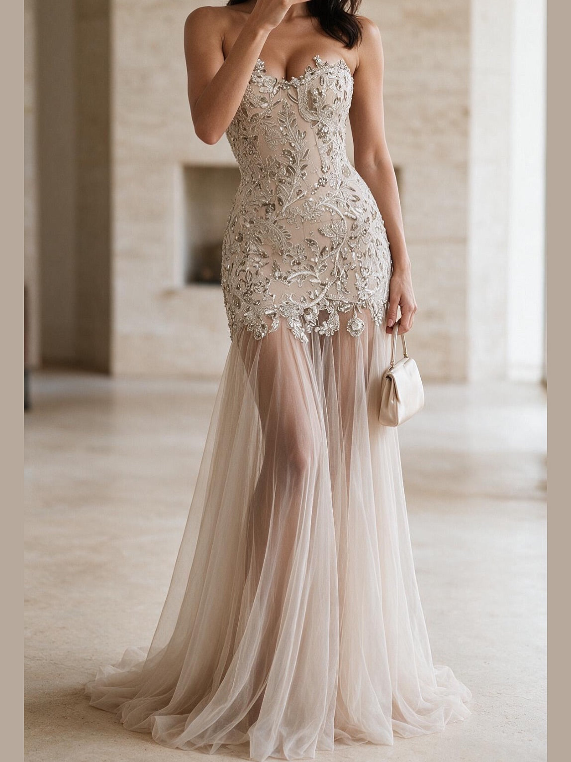 Strapless Embellished Sheer Tulle Evening Gown