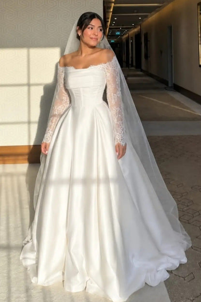 Off-the-Shoulder Lace Sleeve A-Line Bridal Gown