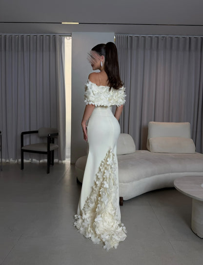 Off-the-Shoulder 3D Floral Crepe Evening Gown