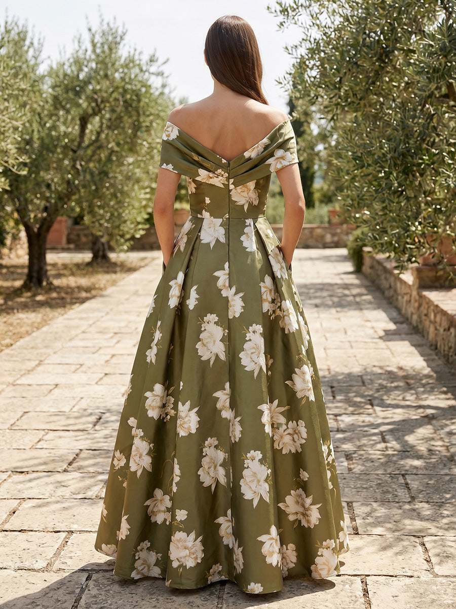 Off-the-Shoulder Floral Print A-Line Gown