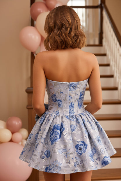 Strapless Floral Jacquard Mini Dress with Bow