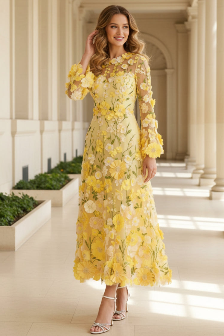 Yellow 3D Floral Applique Illusion Long Sleeve Tea-Length Mother of the Bride Dress