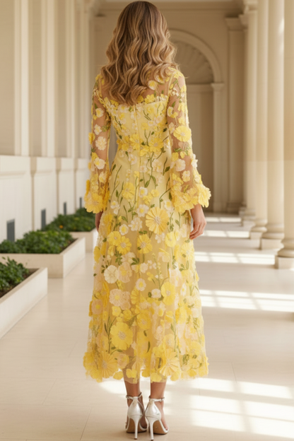 Yellow 3D Floral Applique Illusion Long Sleeve Tea-Length Mother of the Bride Dress