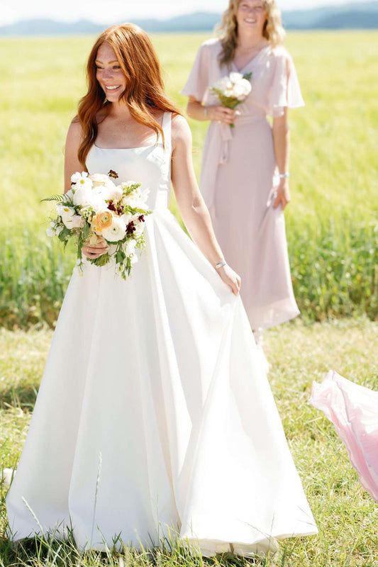 Square Neck A-Line Satin Wedding Dress with Back Bow