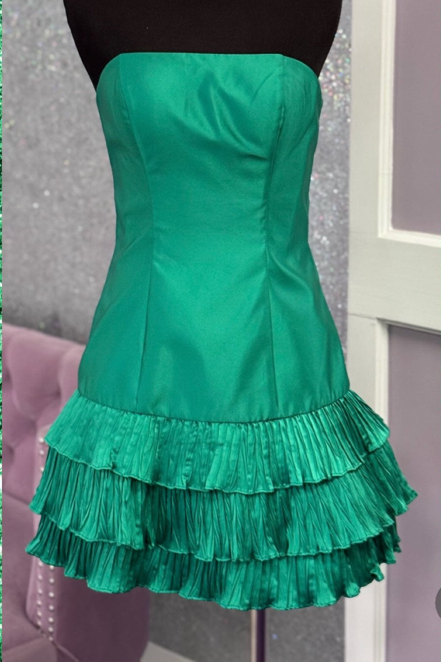 Strapless Tiered Ruffle Mini Dress with Back Bow
