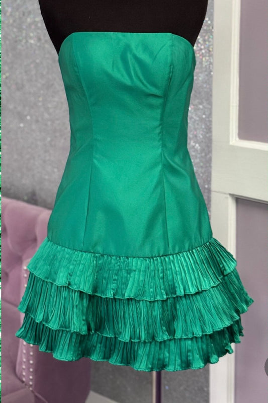 Strapless Tiered Ruffle Mini Dress with Back Bow