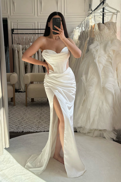 Strapless Corset Satin Wedding Dress with High Slit