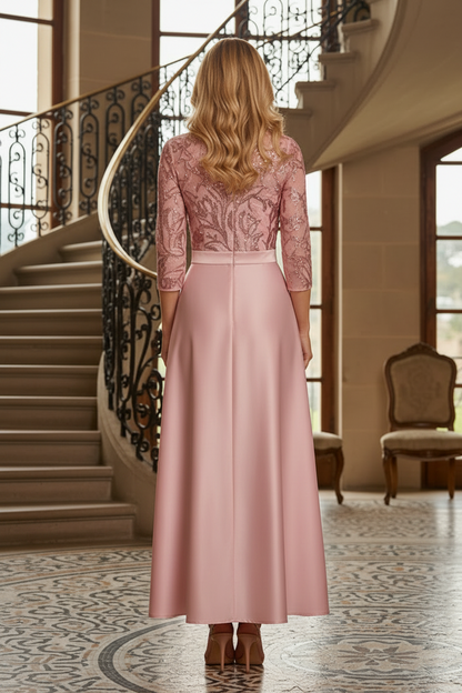 A-Line Satin and Sequin Evening Gown with 3/4 Sleeves