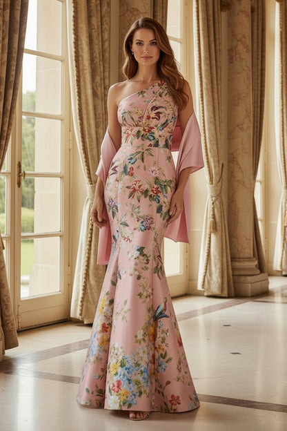 One-Shoulder Floral Print Mermaid Gown with Shawl