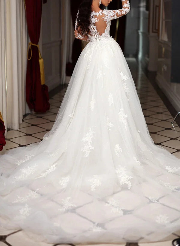 Lace Mermaid Long Sleeve Wedding Dress with Overskirt