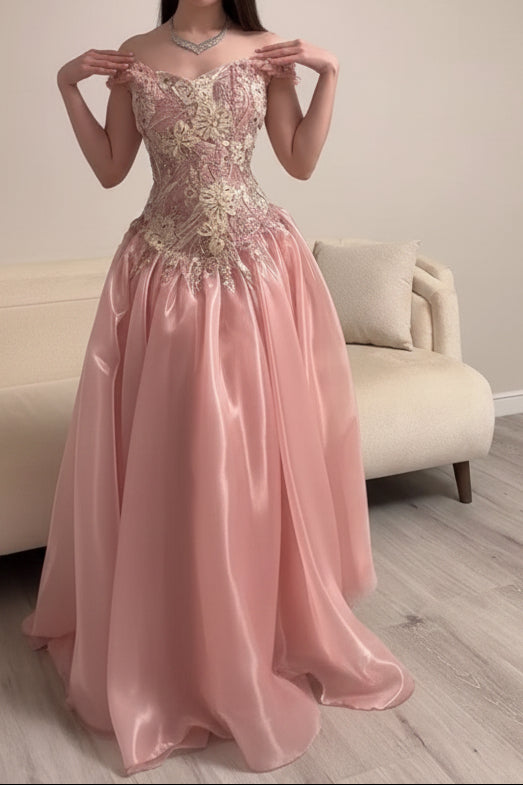 Off-the-Shoulder Floral Applique Ball Gown