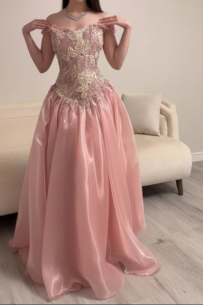 Off-the-Shoulder Floral Applique Ball Gown