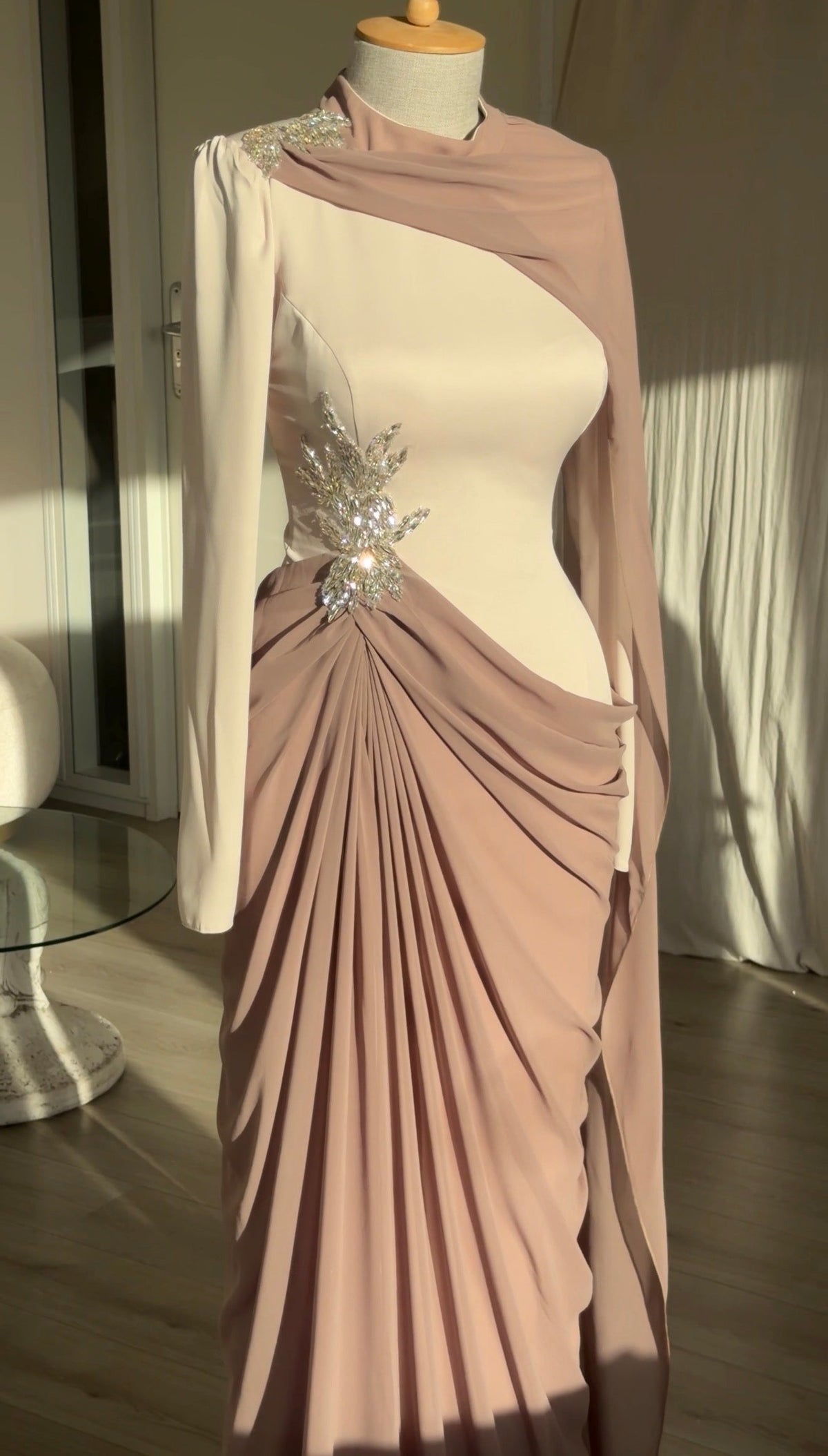 Draped Cape Gown with Crystal Embellishment