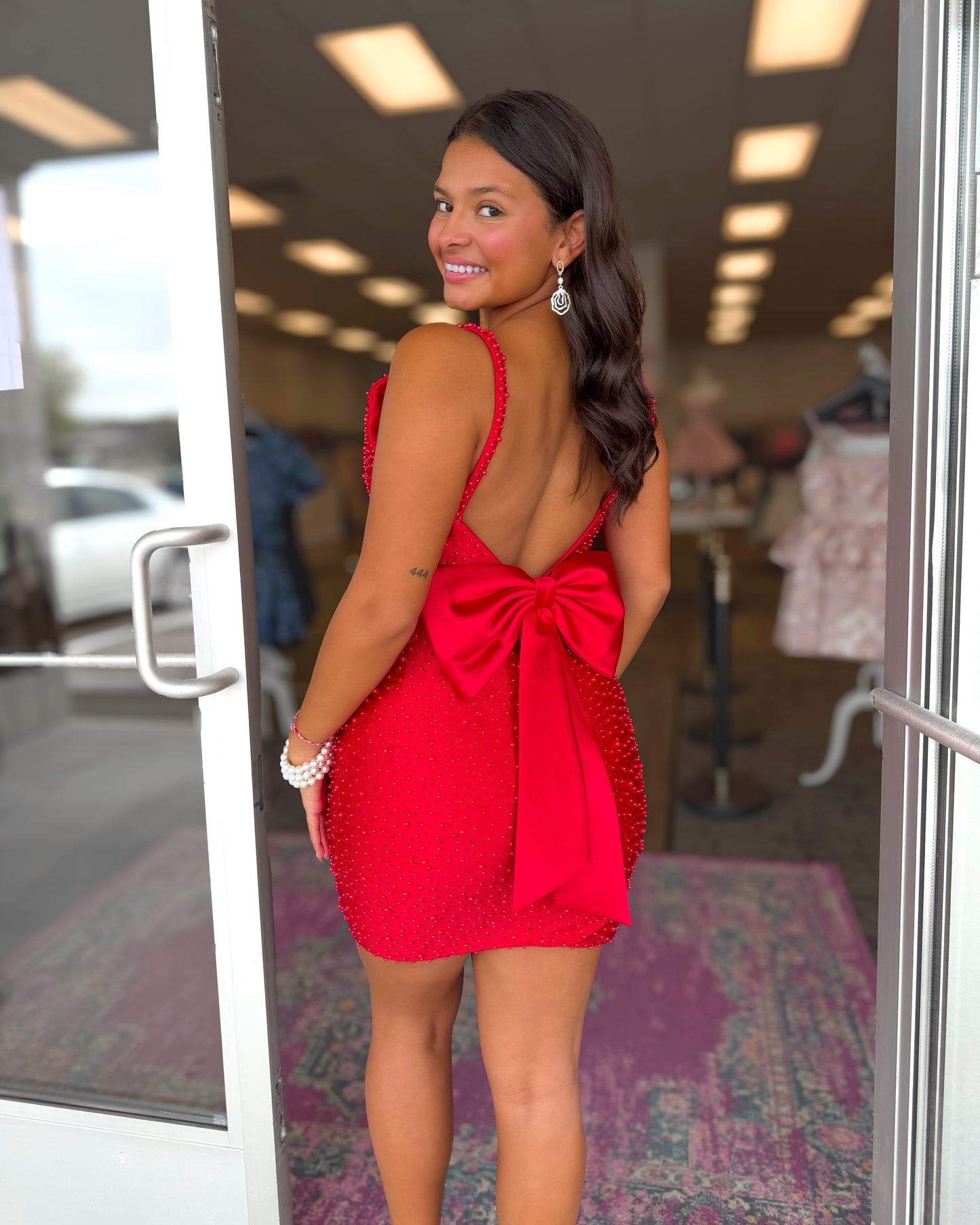 Pearl-Embellished Bodycon Mini Dress with Back Bow