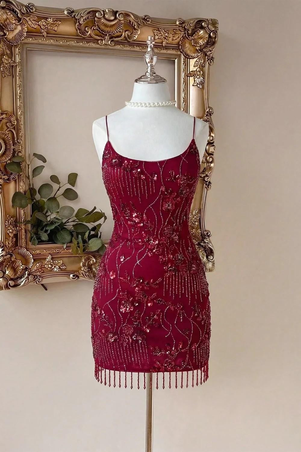 Beaded Fringe Sequin Mini Dress with Low Back