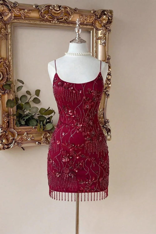 Beaded Fringe Sequin Mini Dress with Low Back