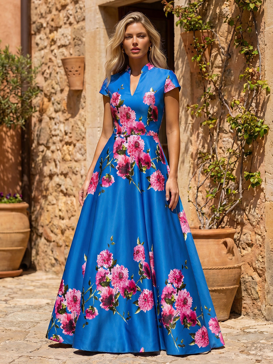 Floral Satin A-Line Evening Gown with Cap Sleeves