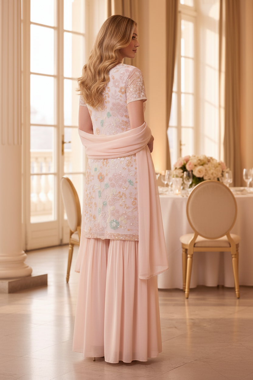 Embroidered Sequin Tunic & Palazzo Pants Set with Dupatta