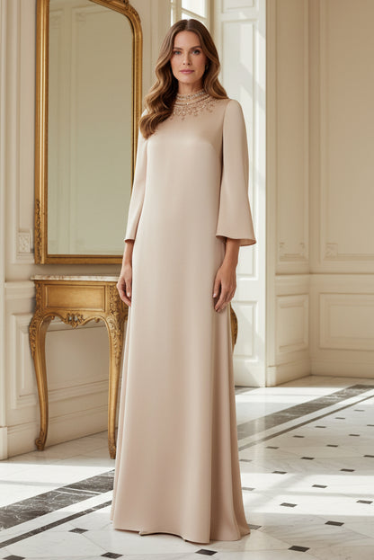 Embellished High Neck Satin Gown with Bell Sleeves