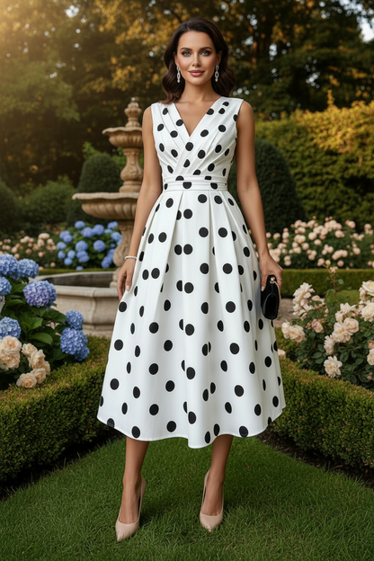 Sleeveless Polka Dot Pleated Midi Dress