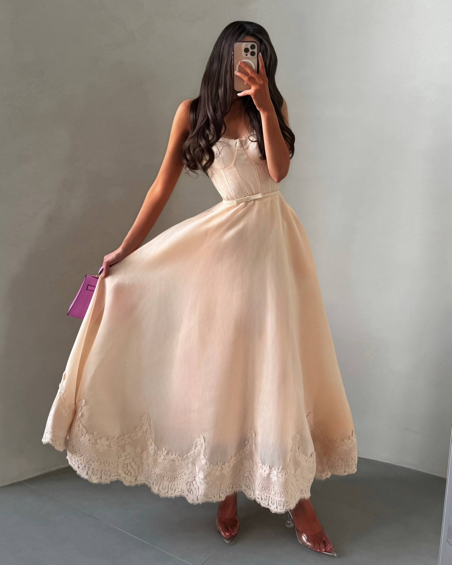 Lace Corset Bodice Satin Maxi Dress with Pearl Straps