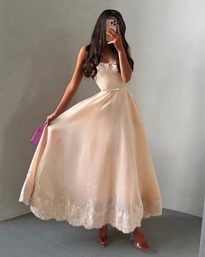 Lace Corset Bodice Satin Maxi Dress with Pearl Straps