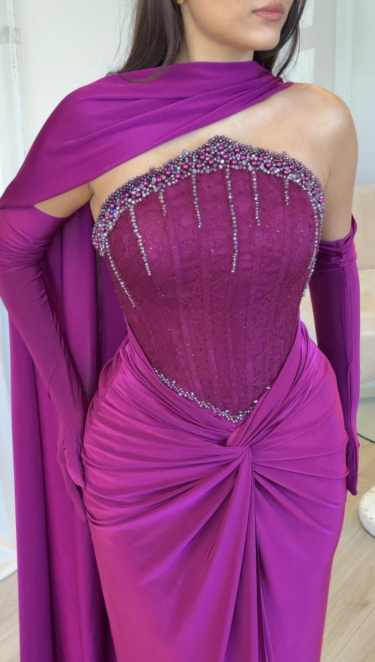 Corset Evening Gown with One-Shoulder Cape